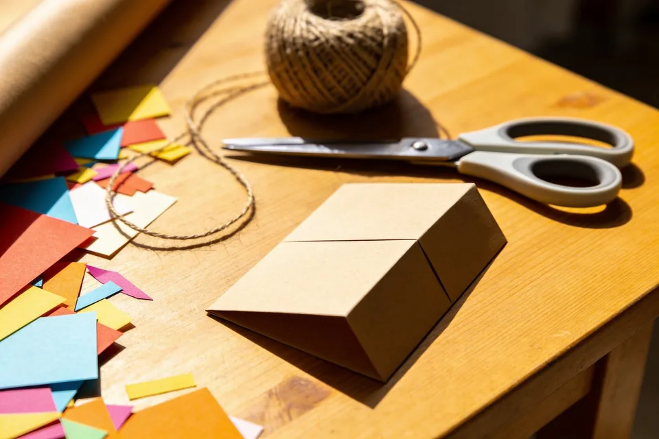 A bright craft worktable mid-project — paper offcuts, sharp scissors, a folded template taking shape